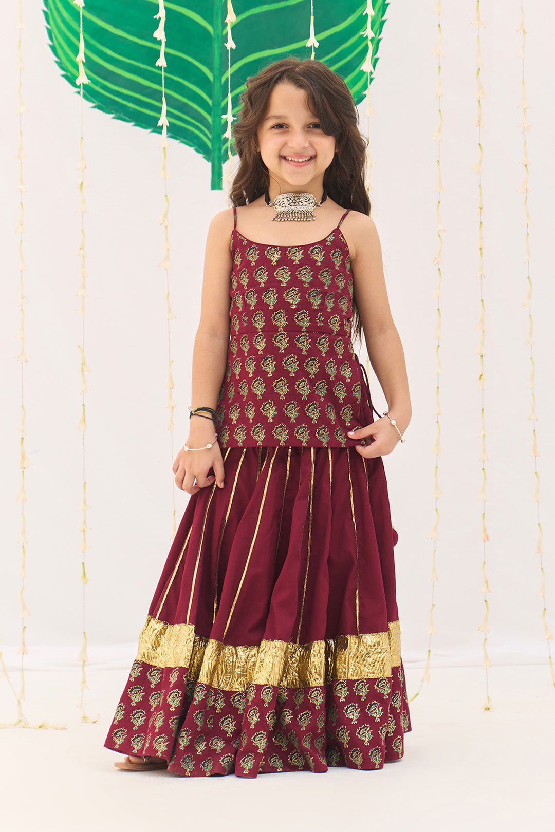 Jameela Berry Red Lehenga with Strap Choli and Green Dupatta (set of 3)