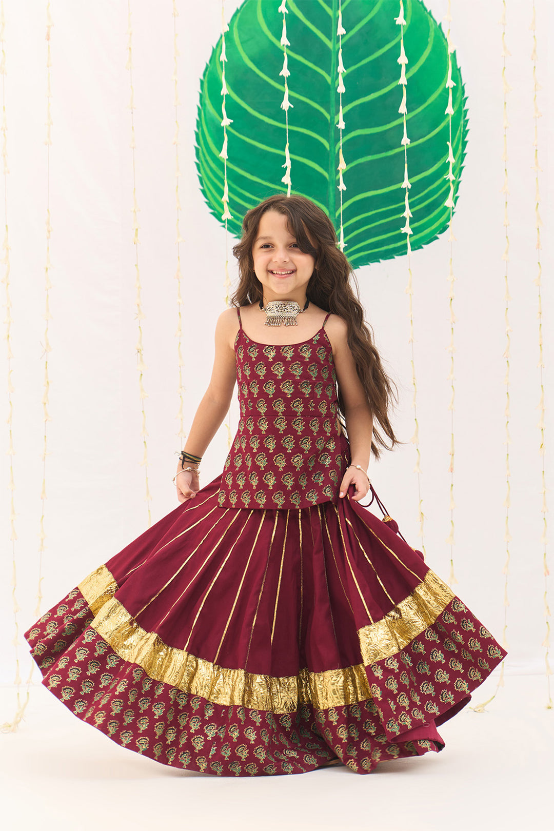 Jameela Berry Red Lehenga with Strap Choli and Green Dupatta (set of 3)