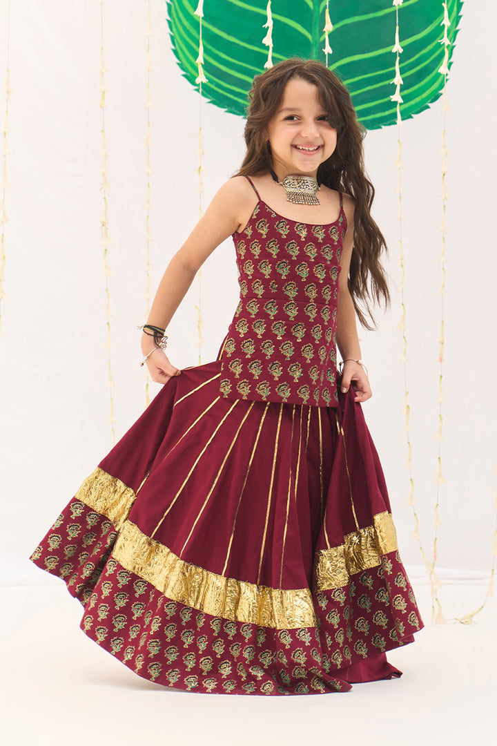 Jameela Berry Red Lehenga with Strap Choli and Green Dupatta (set of 3)