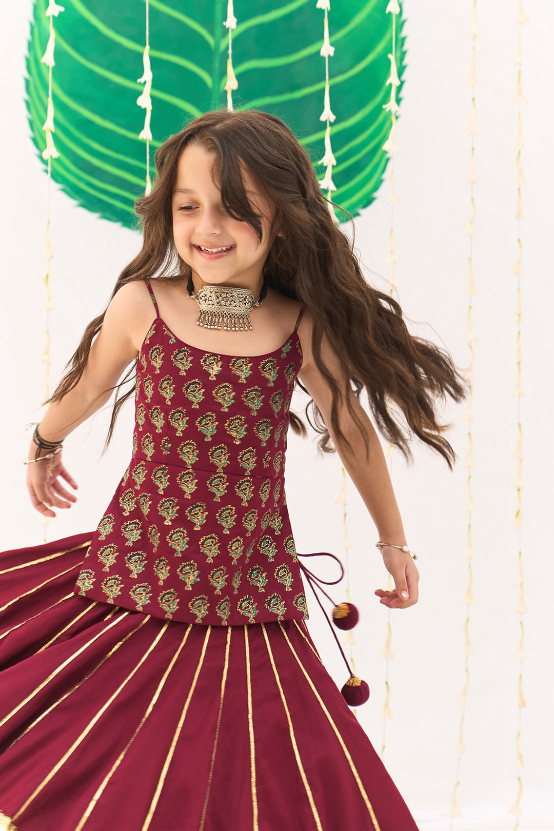 Jameela Berry Red Lehenga with Strap Choli and Green Dupatta (set of 3)