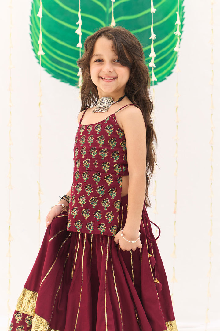 Jameela Berry Red Lehenga with Strap Choli and Green Dupatta (set of 3)