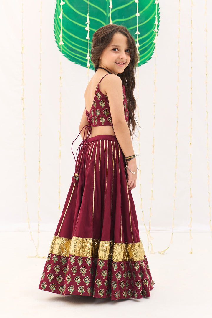 Jameela Berry Red Lehenga with Strap Choli and Green Dupatta (set of 3)