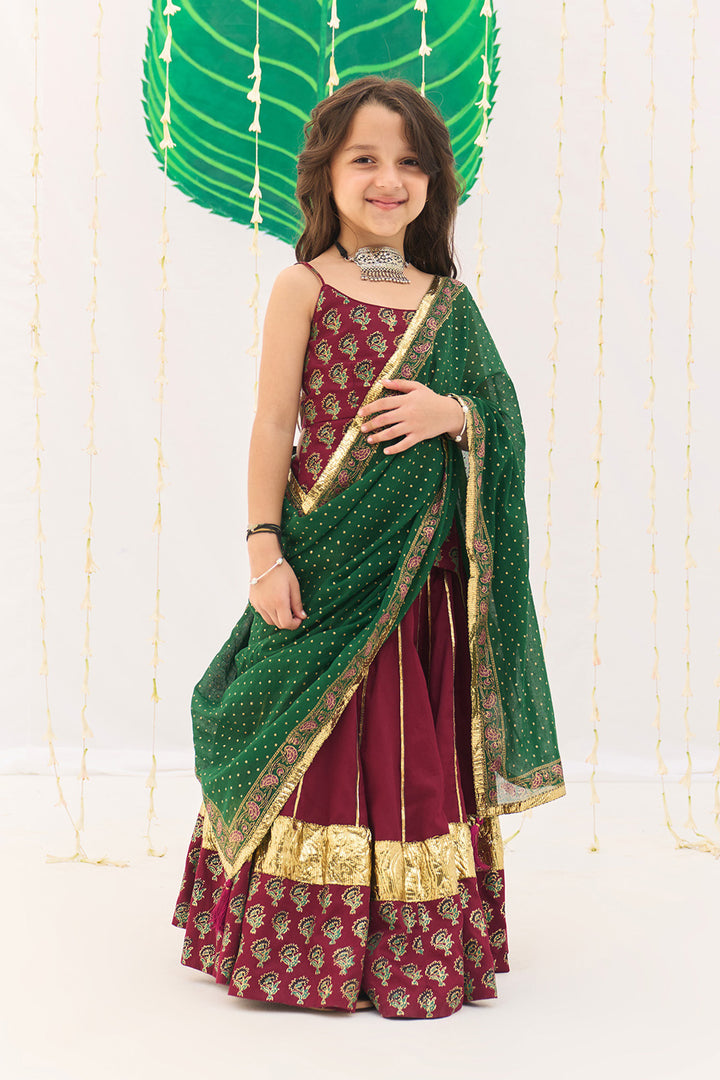 Jameela Berry Red Lehenga with Strap Choli and Green Dupatta (set of 3)