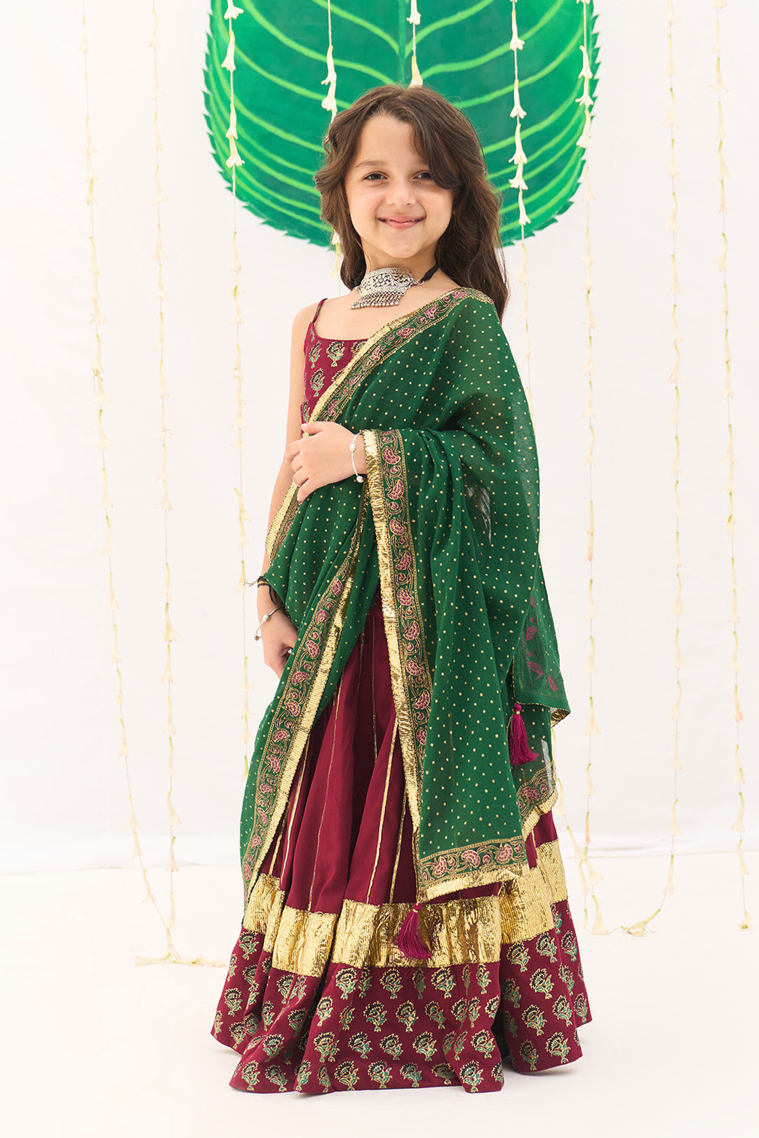 Jameela Berry Red Lehenga with Strap Choli and Green Dupatta (set of 3)