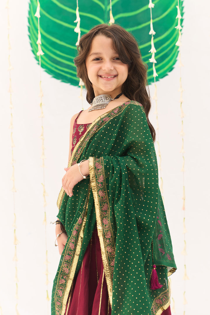 Jameela Berry Red Lehenga with Strap Choli and Green Dupatta (set of 3)