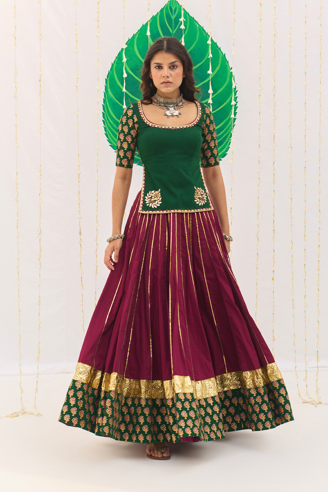 Jameela Block printed Pink lehenga with green choli and dupatta (set of 3)