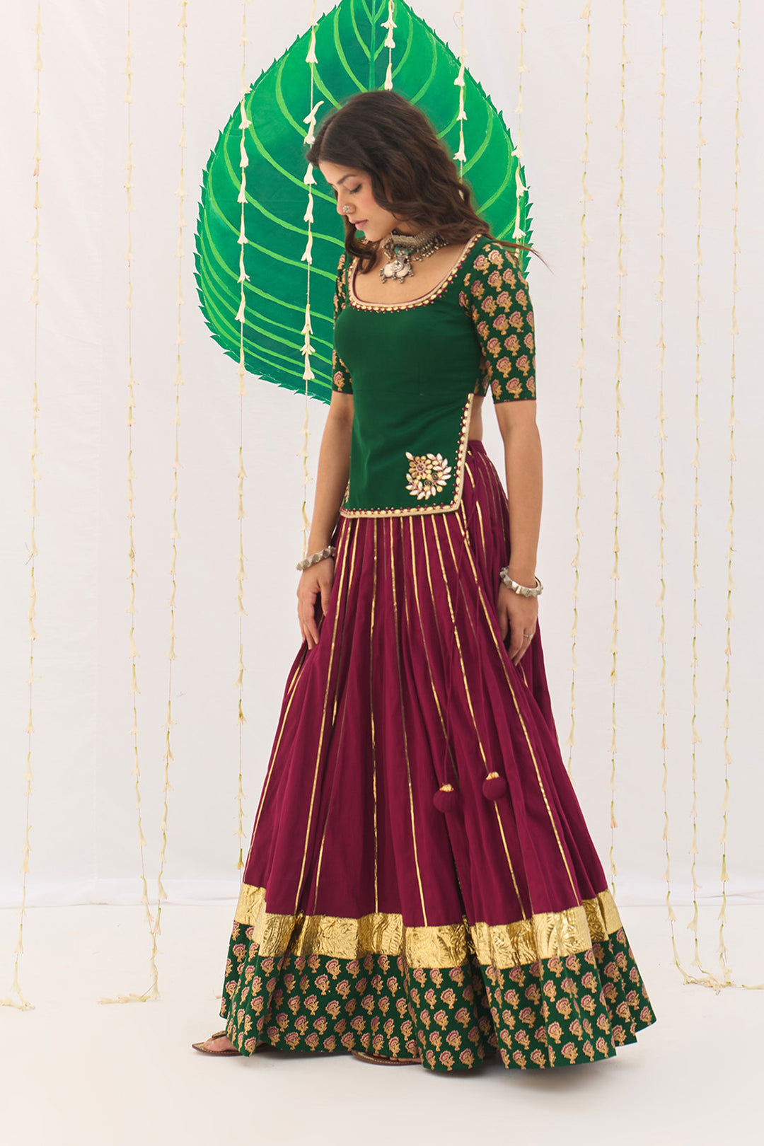 Jameela Block printed Pink lehenga with green choli and dupatta (set of 3)