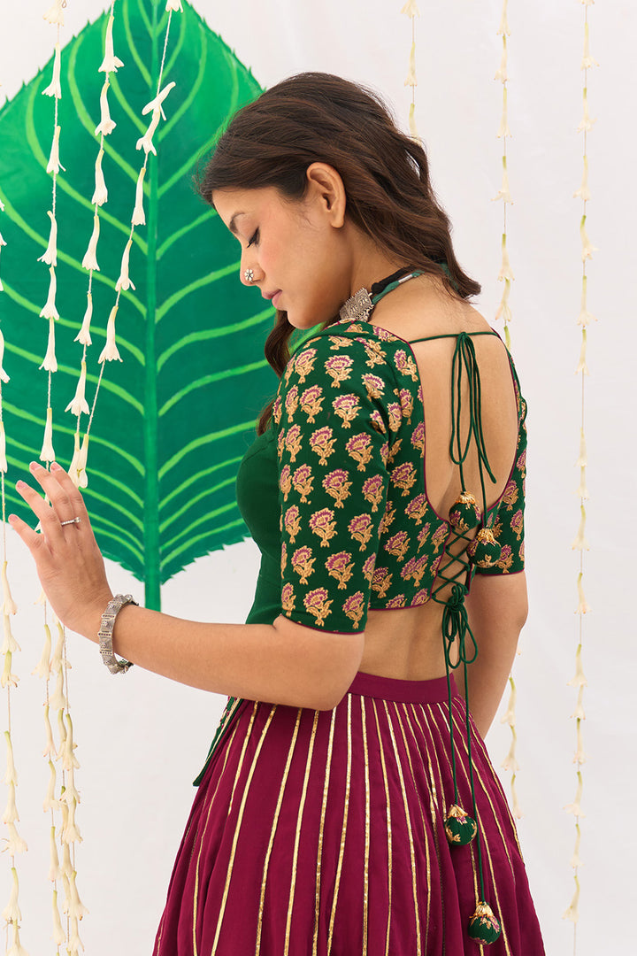 Jameela Block printed Pink lehenga with green choli and dupatta (set of 3)