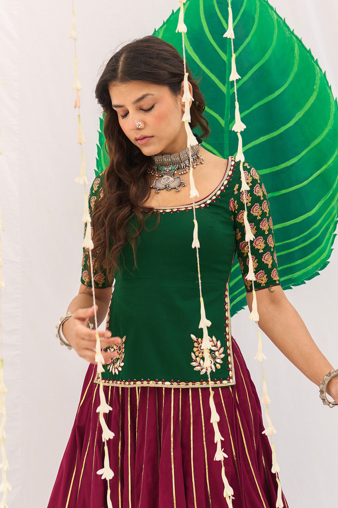 Jameela Block printed Pink lehenga with green choli and dupatta (set of 3)