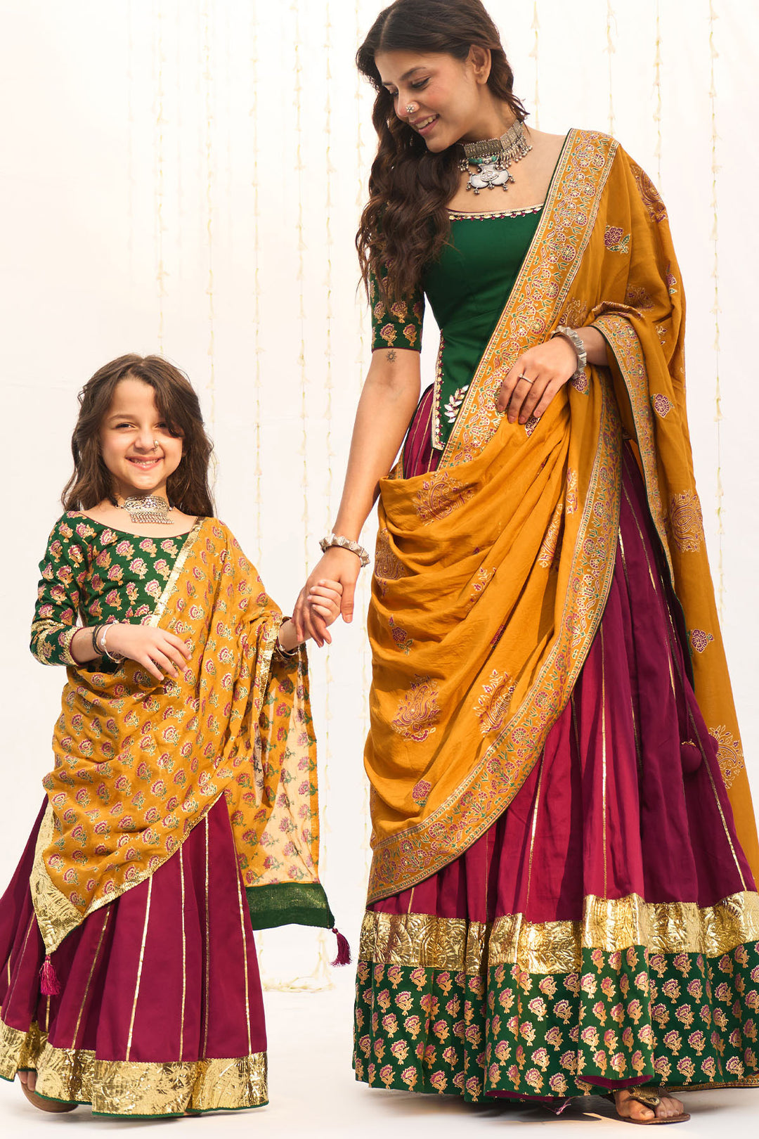 Jameela Block printed Pink lehenga with green choli and dupatta (set of 3)