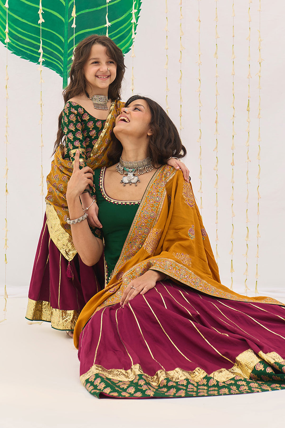 Jameela Pink Gota Kali Lehenga with Green Choli and Mustard Dupatta (set of 3)