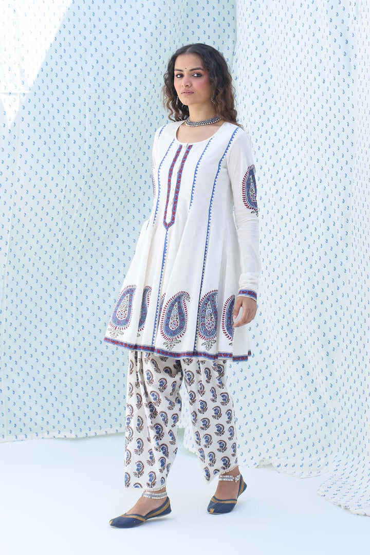 Mehraz kora hand block printed kurta with booti jaal salwar and dupatta ( set of 3 )