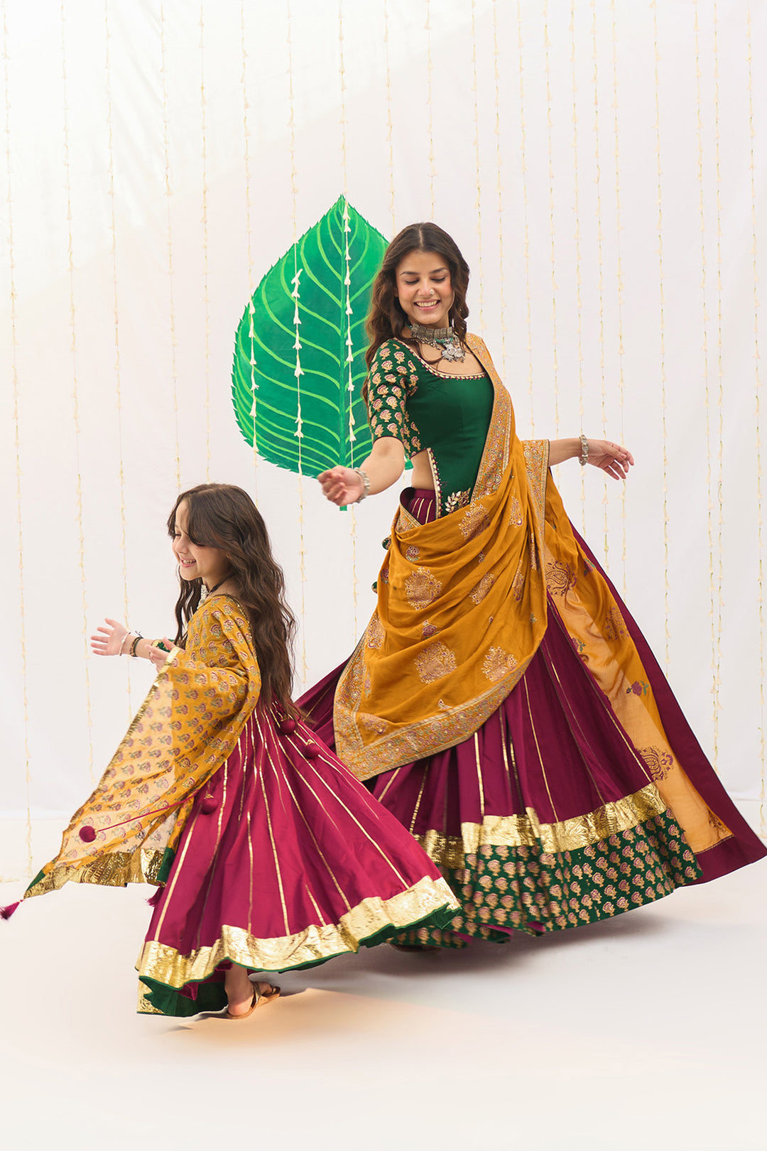 Jameela Pink Gota Kali Lehenga with Green Choli and Mustard Dupatta (set of 3)