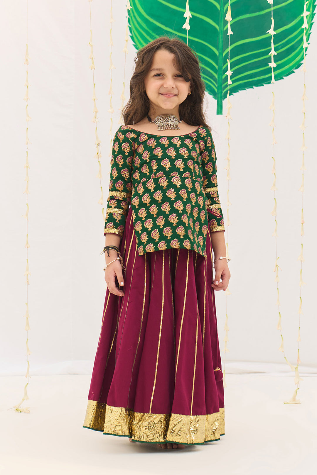 Jameela Pink Gota Kali Lehenga with Green Choli and Mustard Dupatta (set of 3)