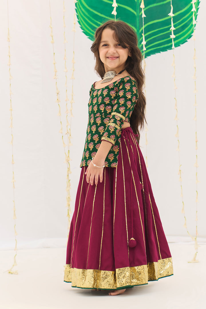 Jameela Pink Gota Kali Lehenga with Green Choli and Mustard Dupatta (set of 3)