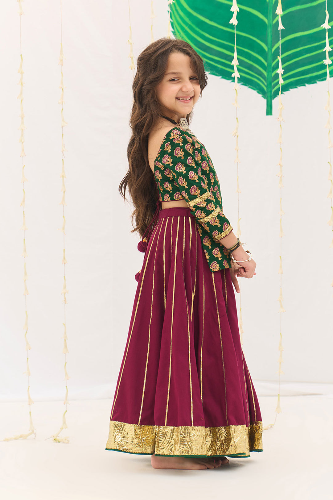 Jameela Pink Gota Kali Lehenga with Green Choli and Mustard Dupatta (set of 3)