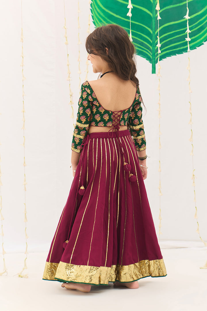 Jameela Pink Gota Kali Lehenga with Green Choli and Mustard Dupatta (set of 3)