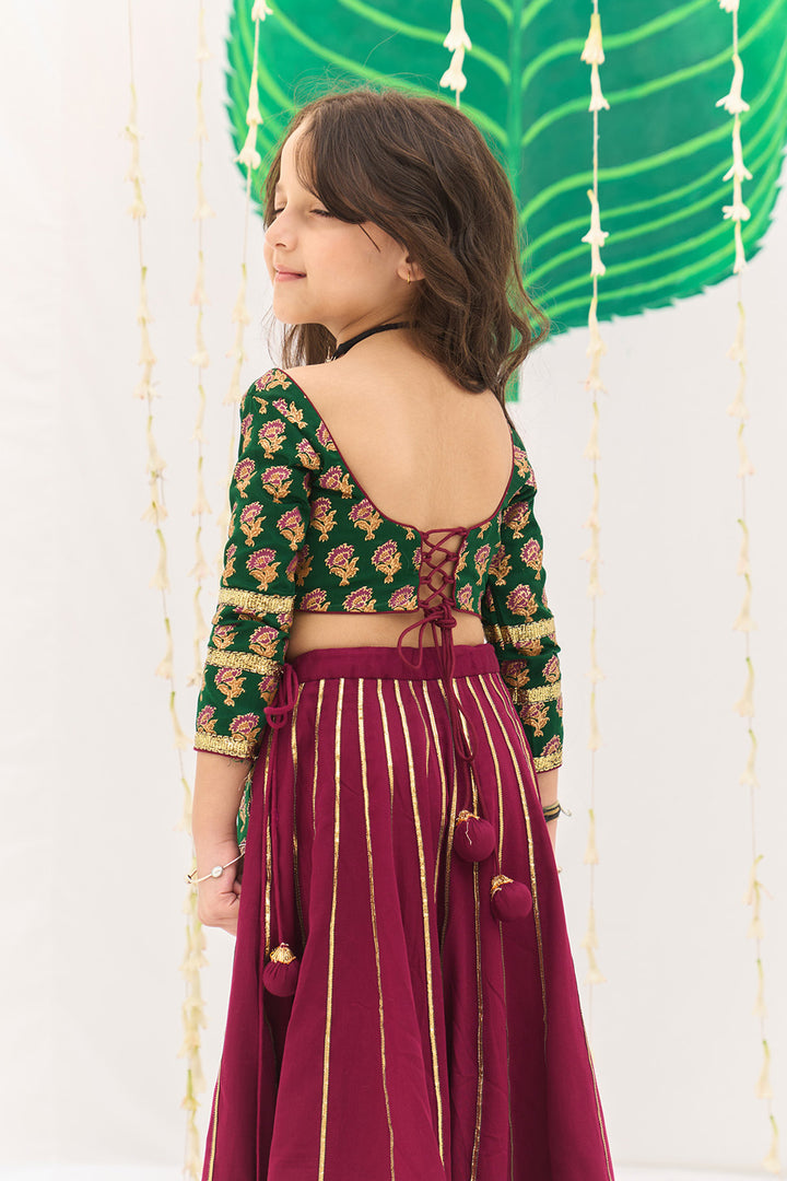 Jameela Pink Gota Kali Lehenga with Green Choli and Mustard Dupatta (set of 3)