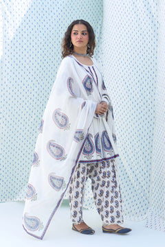 Mehraz kora hand block printed kurta with booti jaal salwar and dupatta ( set of 3 )