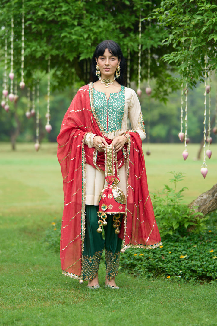 Phillauri Vol 3 ivory and green salwar set with red dupatta ( set 0f 3)