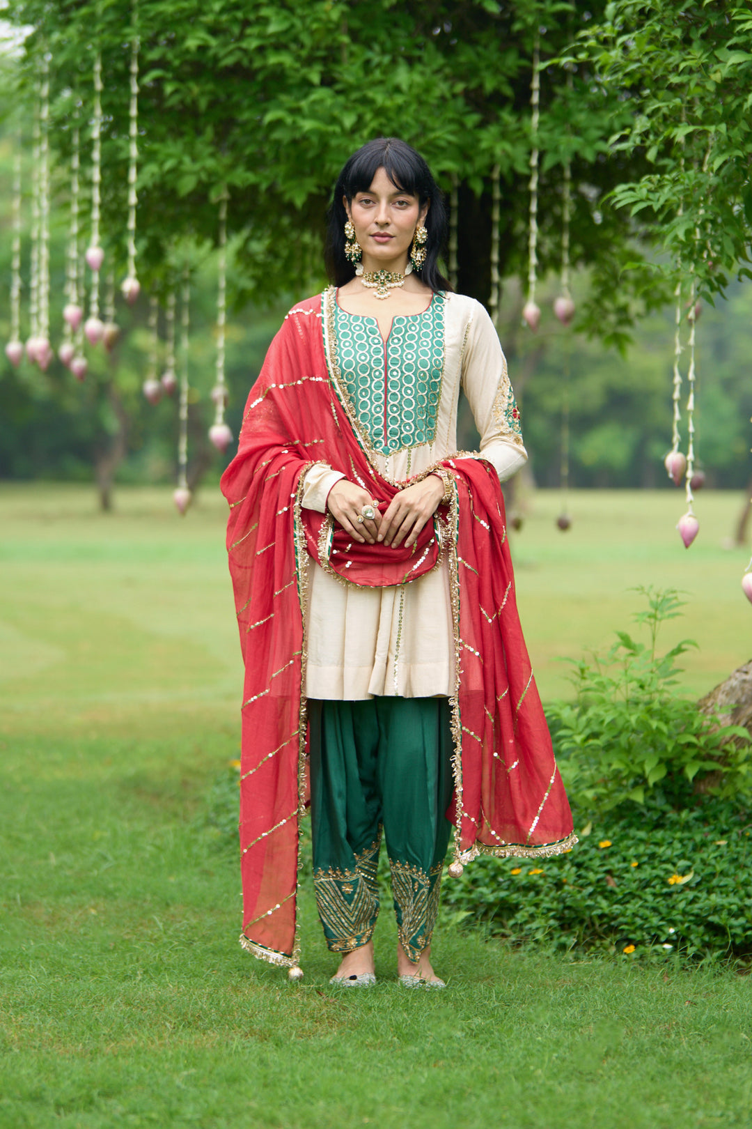 Phillauri Vol 3 ivory and green salwar set with red dupatta ( set 0f 3)