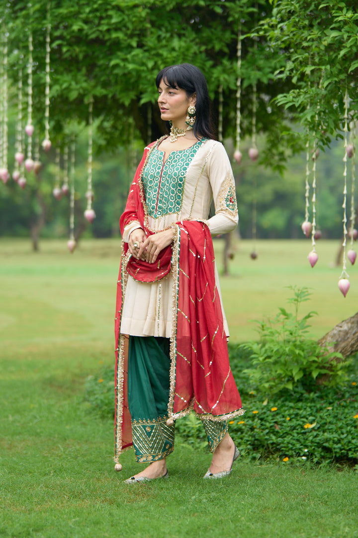 Phillauri Vol 3 ivory and green salwar set with red dupatta ( set 0f 3)