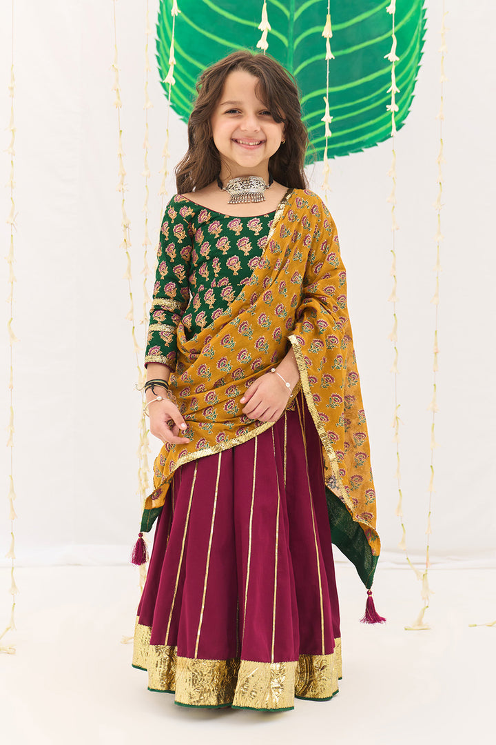 Jameela Pink Gota Kali Lehenga with Green Choli and Mustard Dupatta (set of 3)