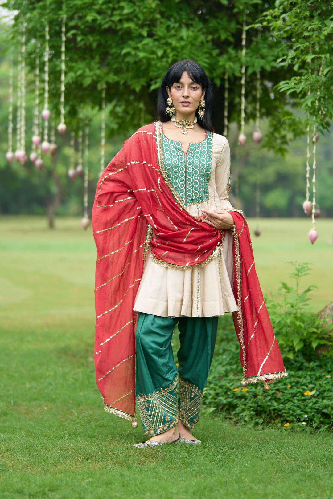 Phillauri Vol 3 ivory and green salwar set with red dupatta ( set 0f 3)