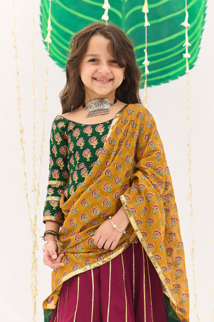 Jameela Pink Gota Kali Lehenga with Green Choli and Mustard Dupatta (set of 3)