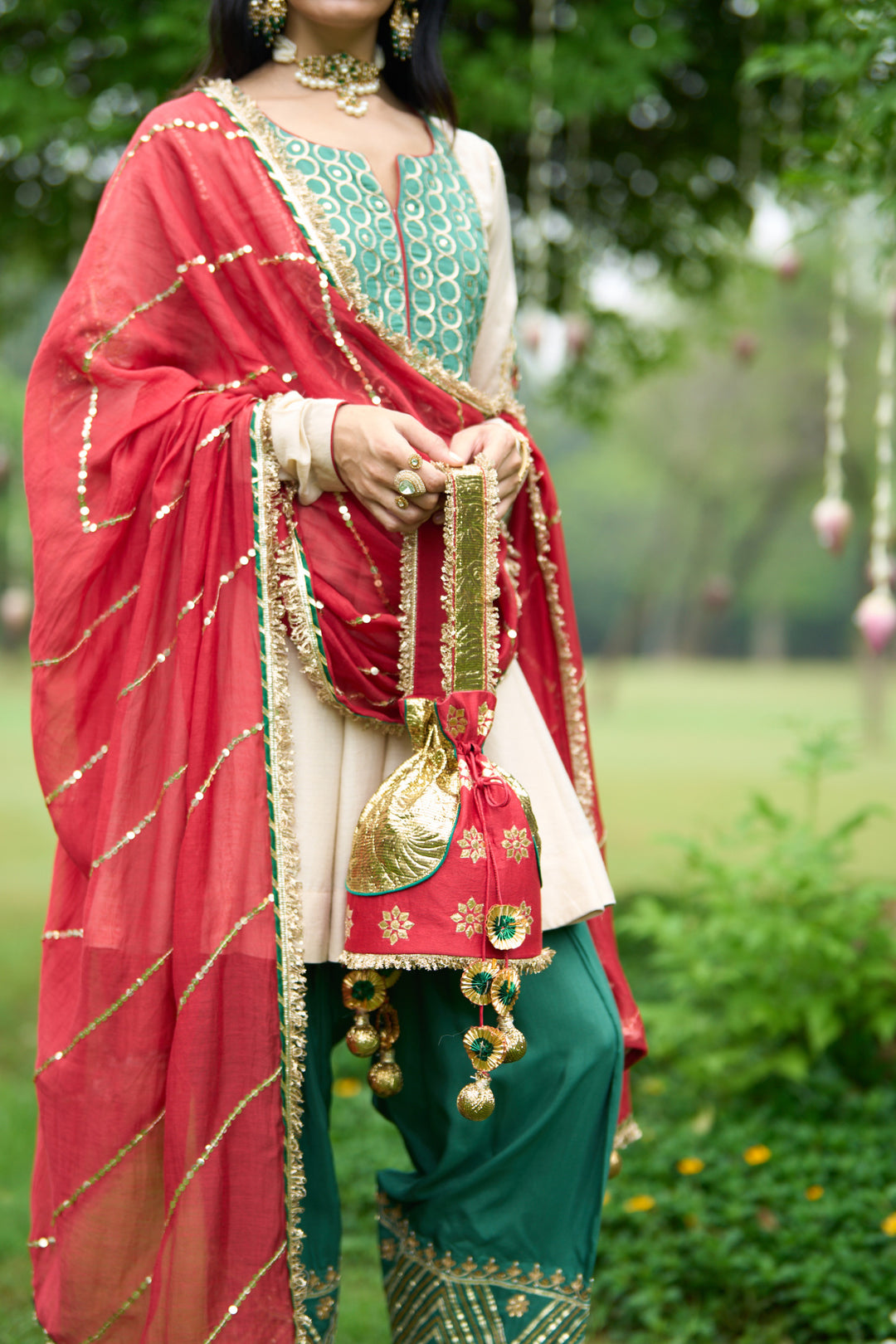 Phillauri Vol 3 ivory and green salwar set with red dupatta ( set 0f 3)