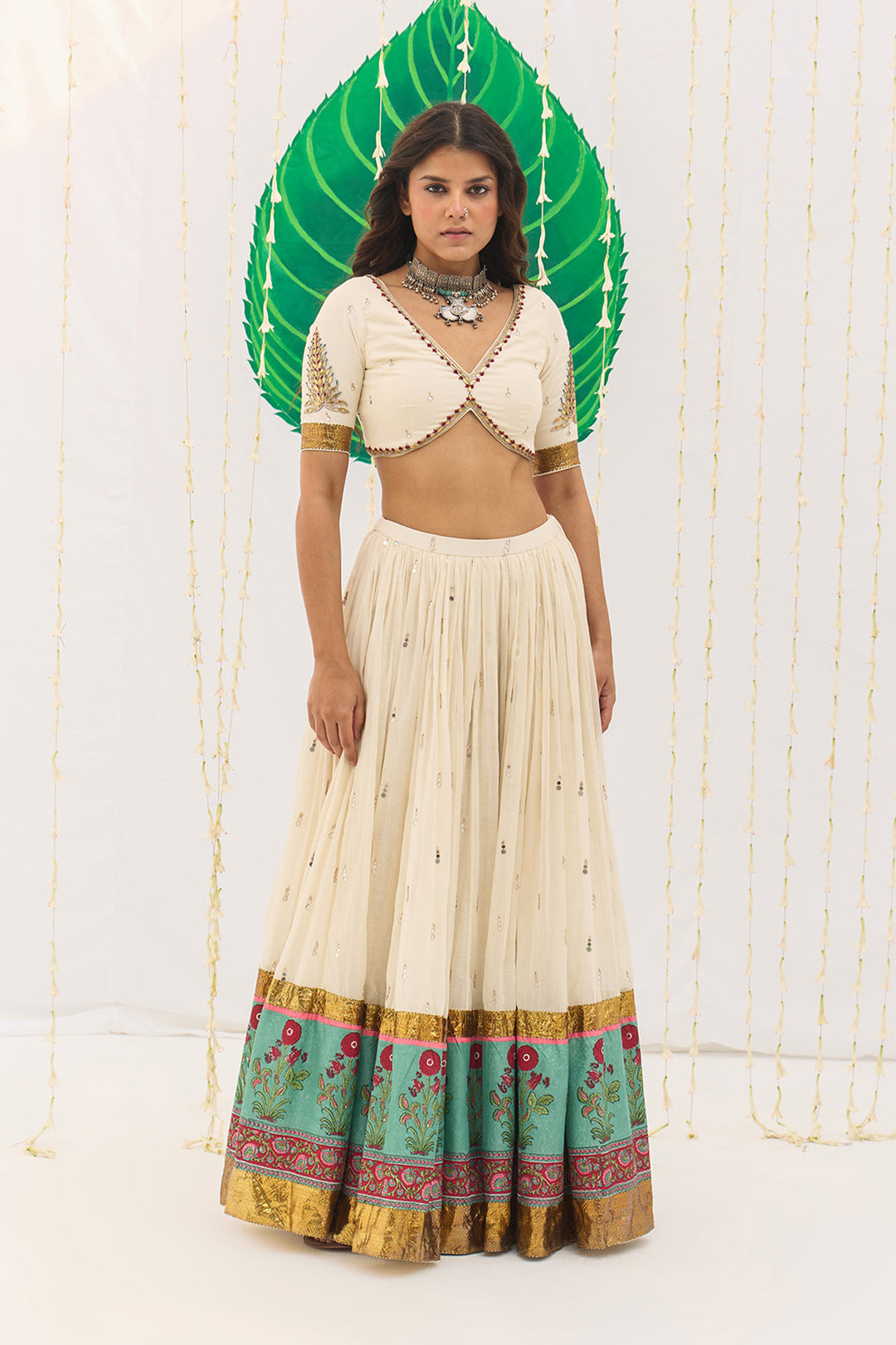 Jameela Mughal Block Printed Off White Lehenga with Blouse and Leheriya Dupatta (set of 3)