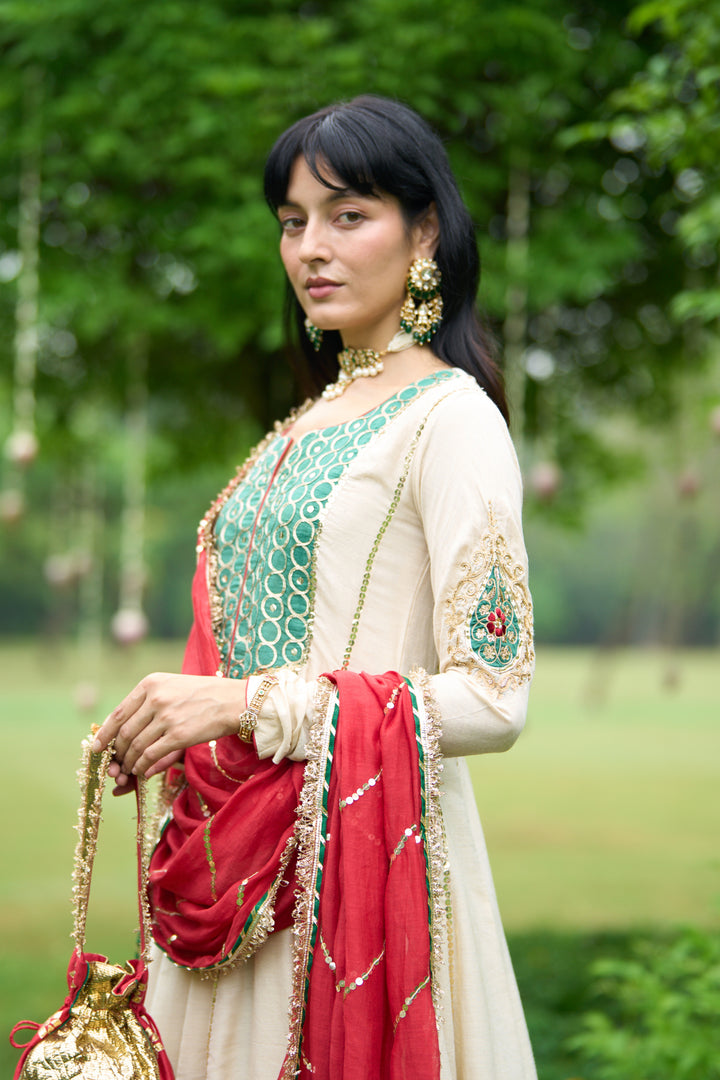 Phillauri Vol 3 ivory and green salwar set with red dupatta ( set 0f 3)