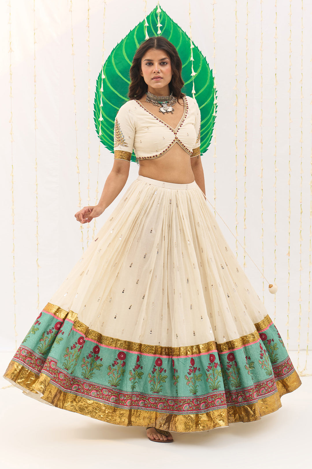 Jameela Mughal Block Printed Off White Lehenga with Blouse and Leheriya Dupatta (set of 3)