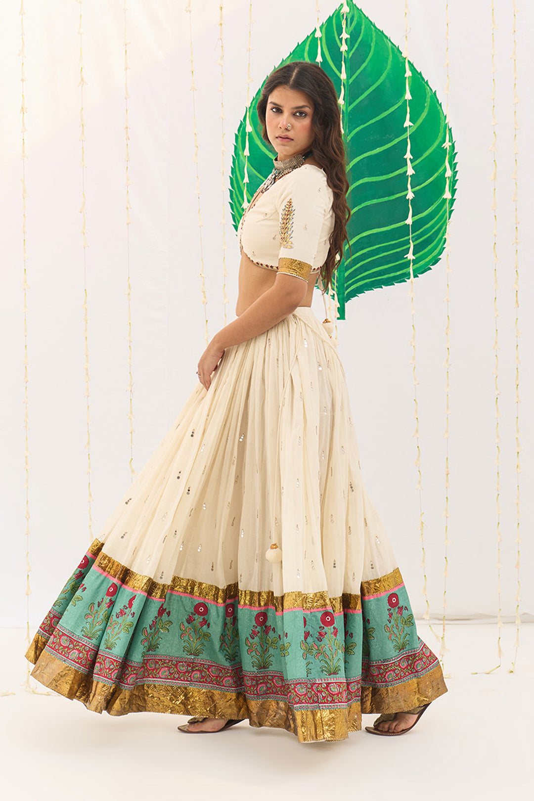 Jameela Mughal Block Printed Off White Lehenga with Blouse and Leheriya Dupatta (set of 3)