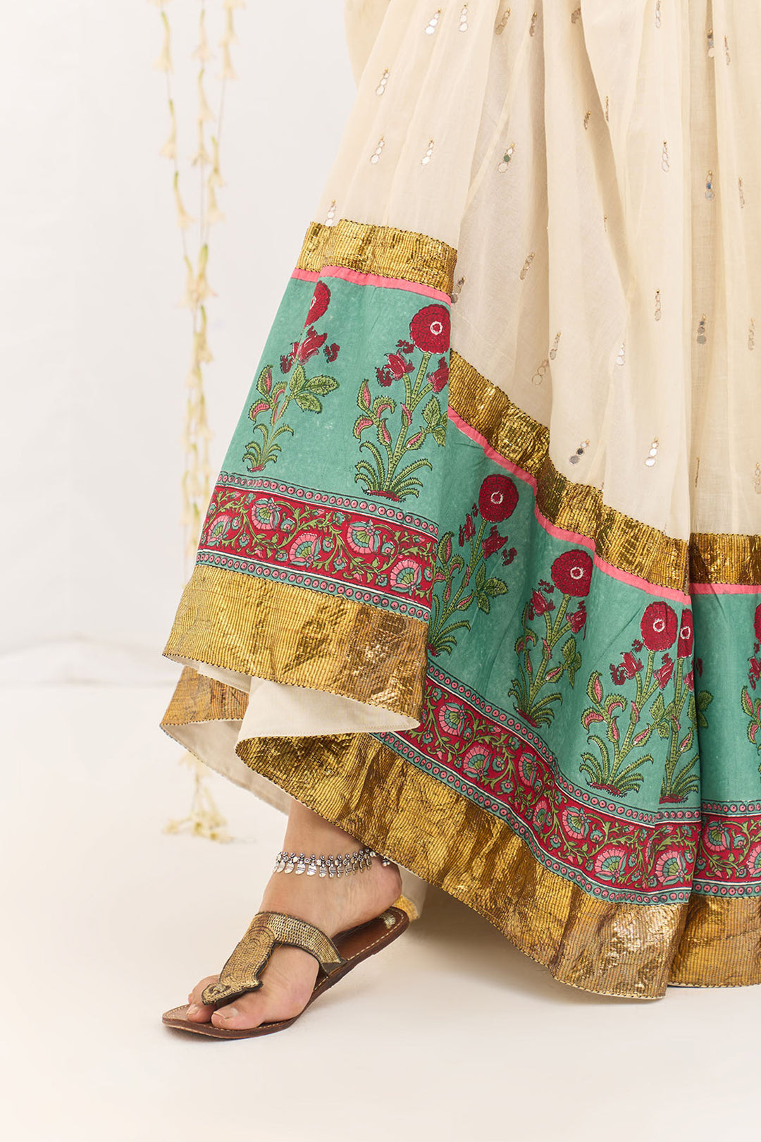 Jameela Mughal Block Printed Off White Lehenga with Blouse and Leheriya Dupatta (set of 3)