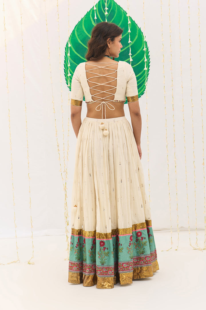 Jameela Mughal Block Printed Off White Lehenga with Blouse and Leheriya Dupatta (set of 3)