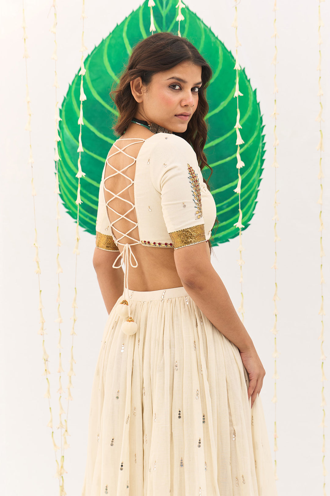 Jameela Mughal Block Printed Off White Lehenga with Blouse and Leheriya Dupatta (set of 3)