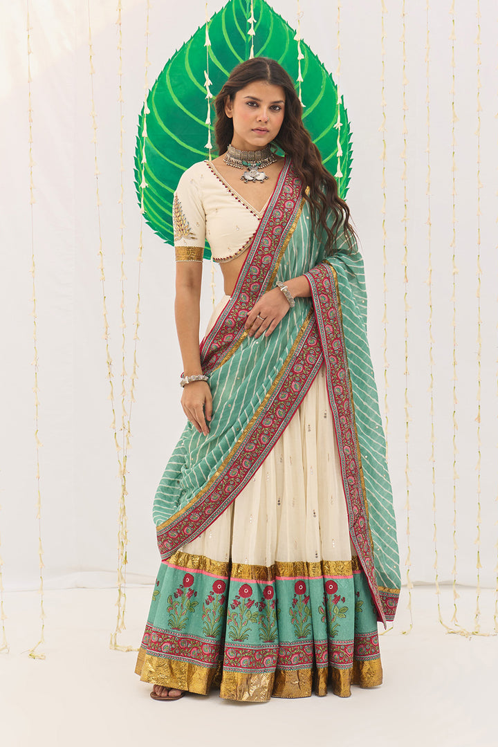 Jameela Mughal Block Printed Off White Lehenga with Blouse and Leheriya Dupatta (set of 3)