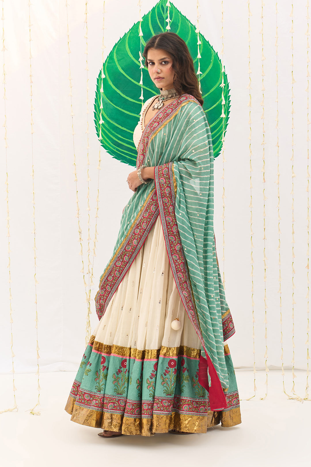 Jameela Mughal Block Printed Off White Lehenga with Blouse and Leheriya Dupatta (set of 3)