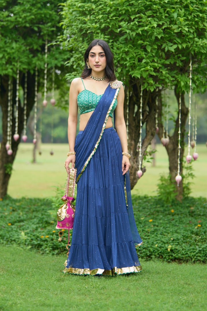 Phillauri Vol 3 blue lehenga saree with green blouse ( set of 2)