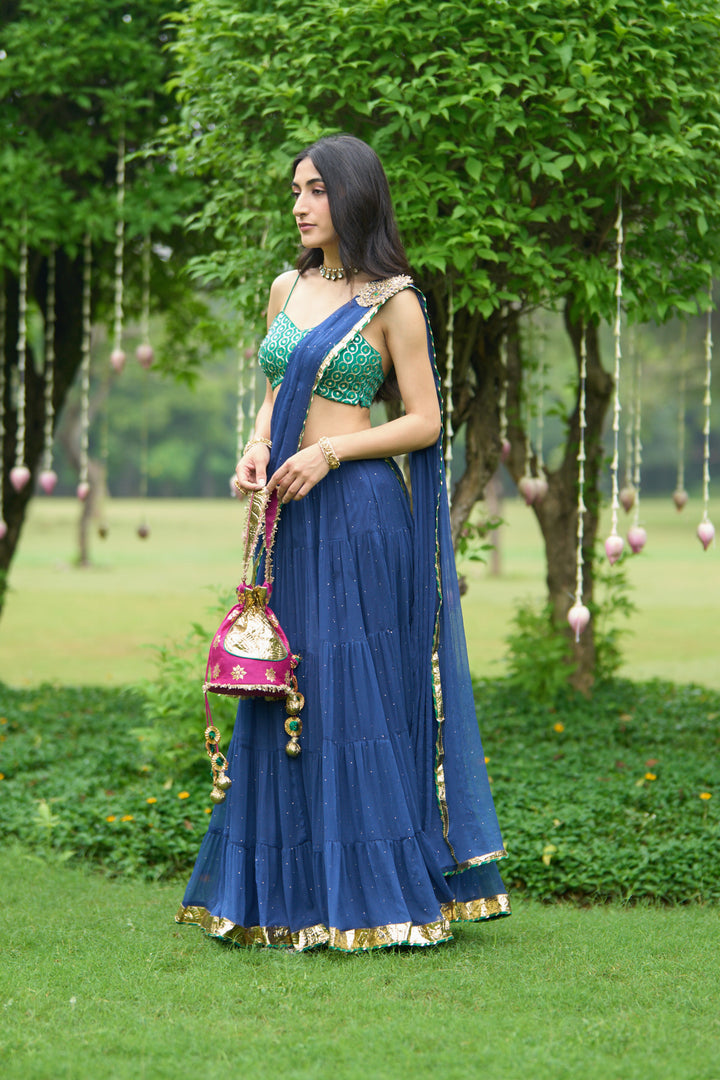 Phillauri Vol 3 blue lehenga saree with green blouse ( set of 2)