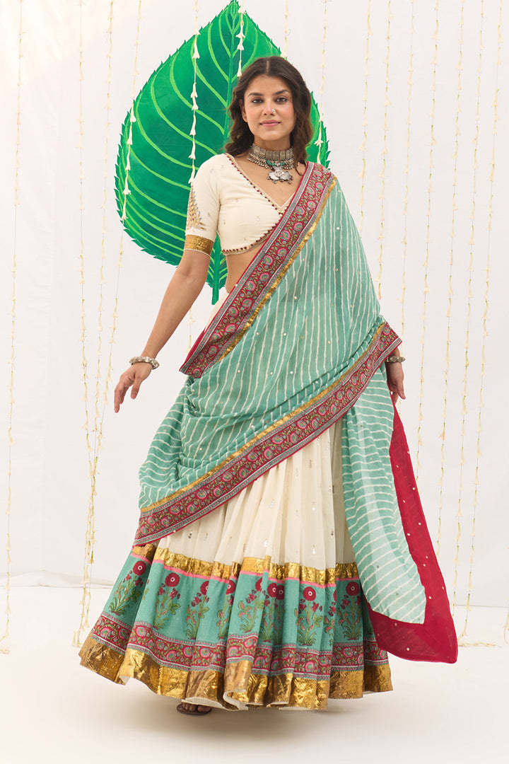 Jameela Mughal Block Printed Off White Lehenga with Blouse and Leheriya Dupatta (set of 3)