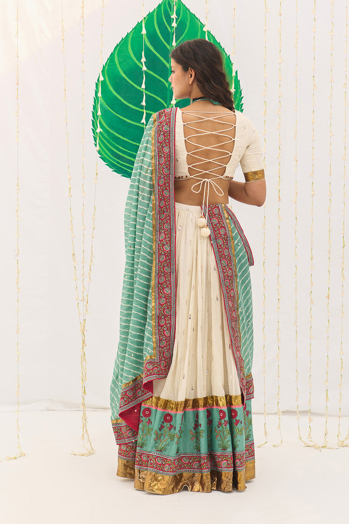 Jameela Mughal Block Printed Off White Lehenga with Blouse and Leheriya Dupatta (set of 3)