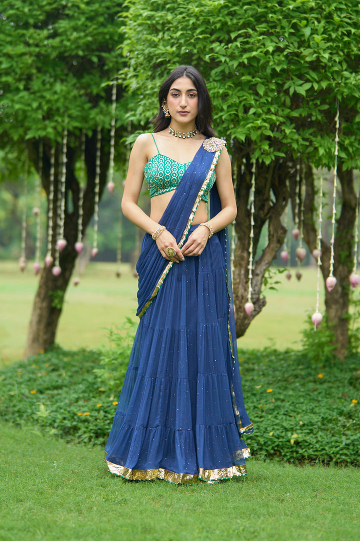 Phillauri Vol 3 blue lehenga saree with green blouse ( set of 2)