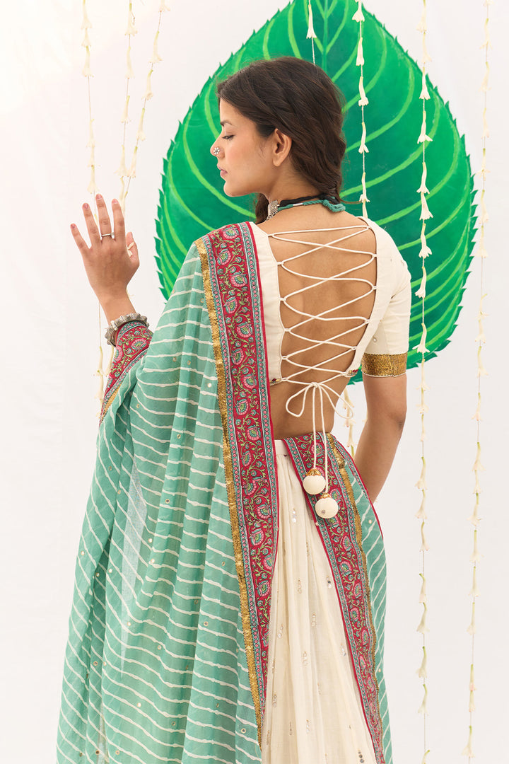 Jameela Mughal Block Printed Off White Lehenga with Blouse and Leheriya Dupatta (set of 3)