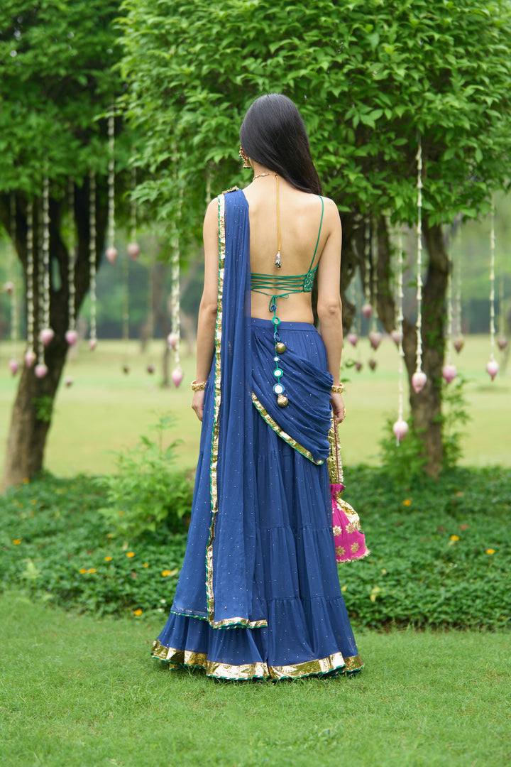 Phillauri Vol 3 blue lehenga saree with green blouse ( set of 2)