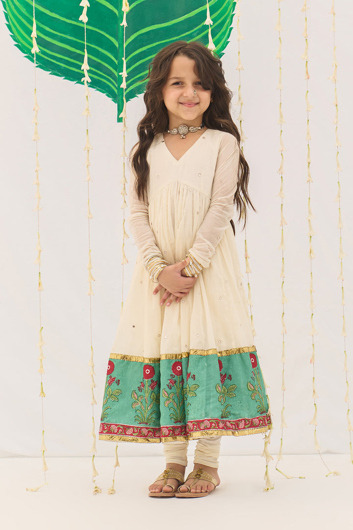 Jameela Off White v Neck Anarkali with Chooridar and Dupatta (set of 3)