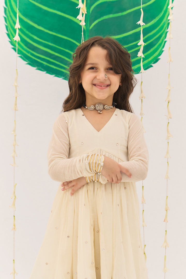 Jameela Off White v Neck Anarkali with Chooridar and Dupatta (set of 3)