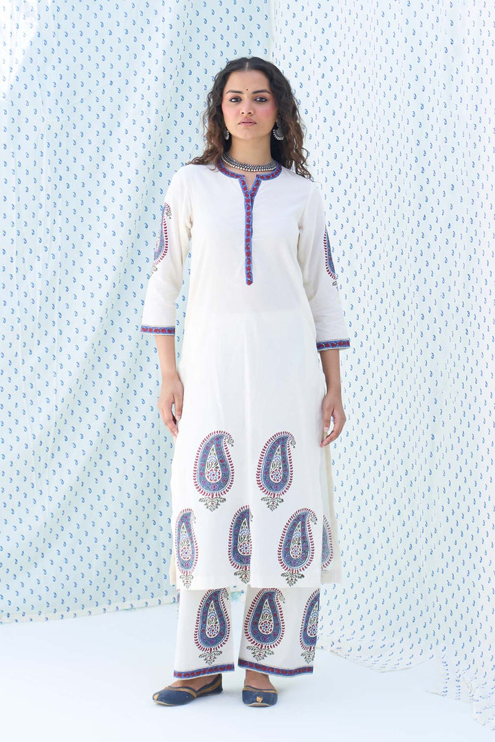 Mehraz kora paisley straight kurta with palazzo ( set of 3 )