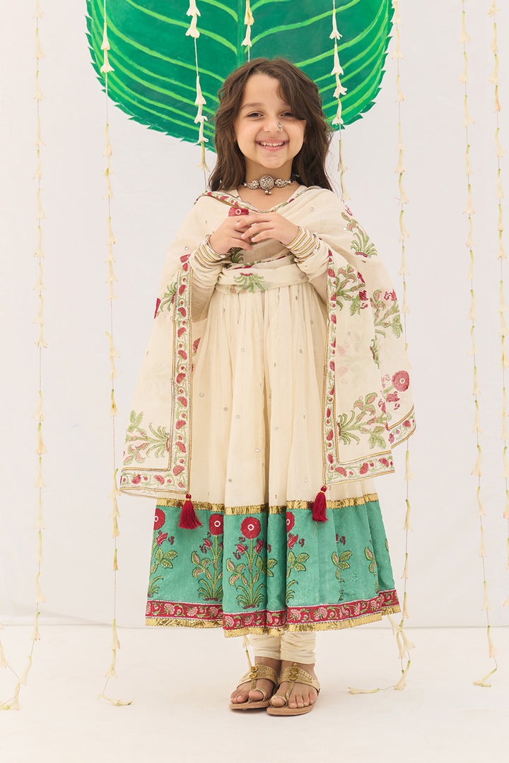 Jameela Off White v Neck Anarkali with Chooridar and Dupatta (set of 3)